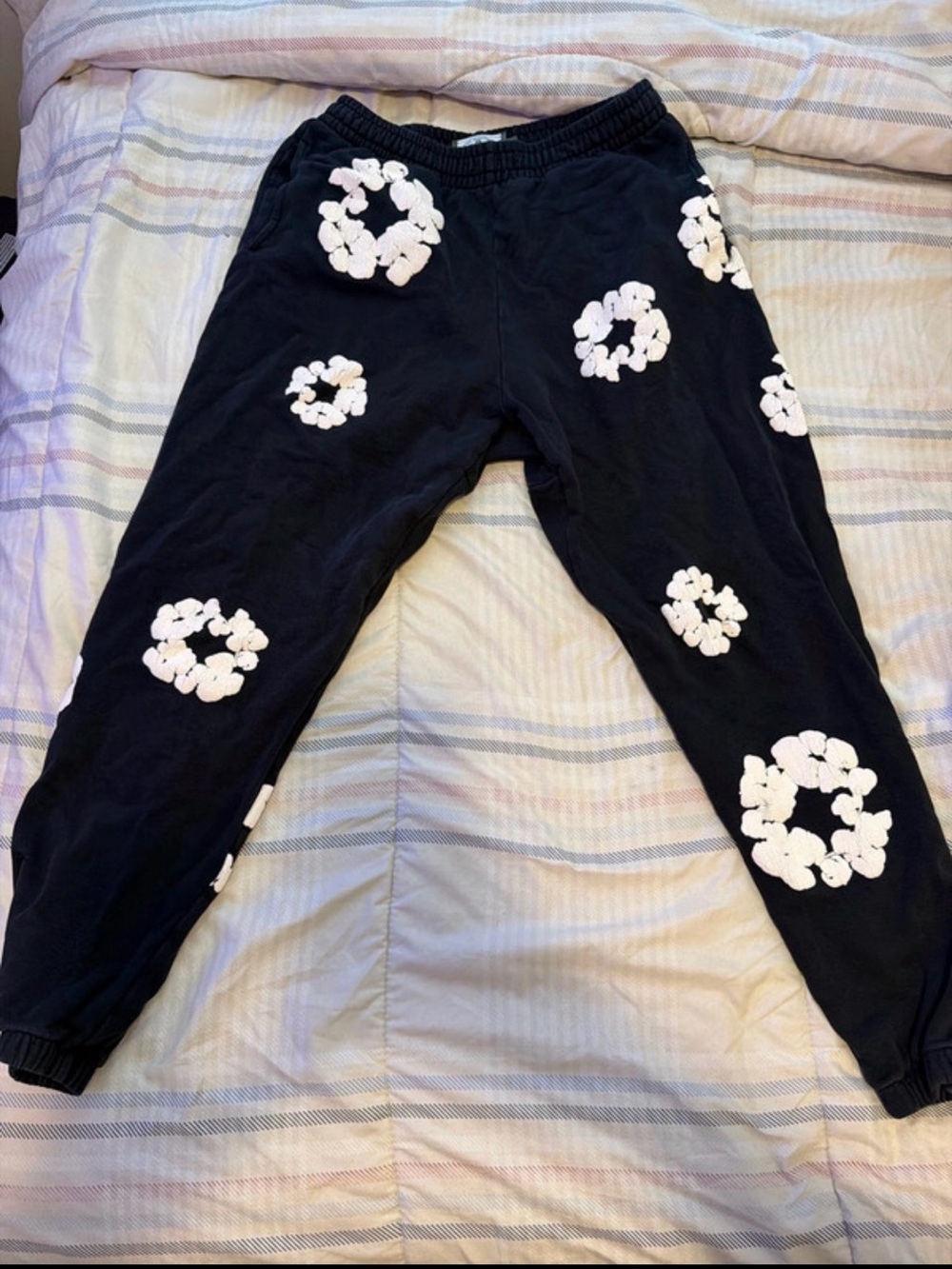Men's Black Jogger Sweatpants with White Floral Appliqués